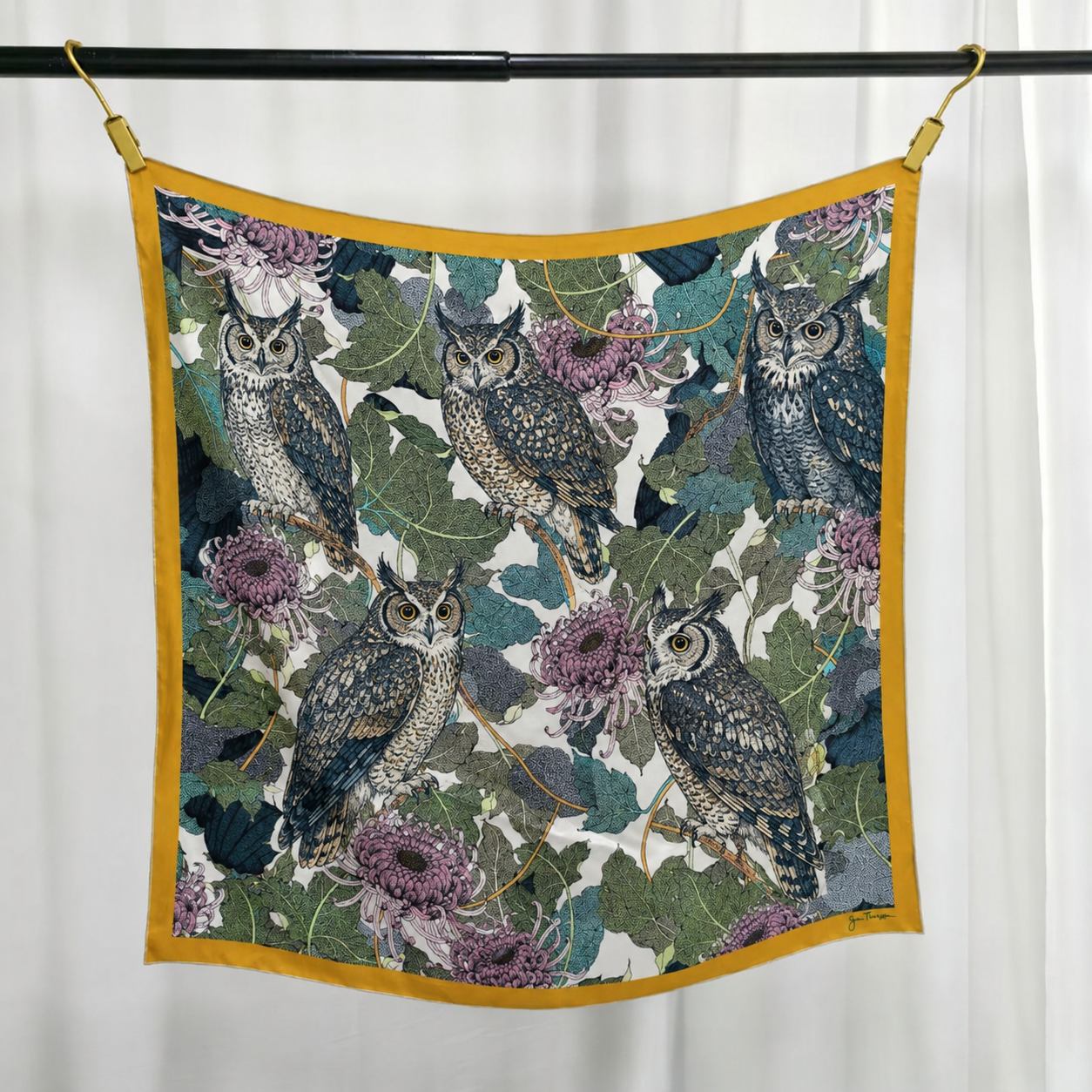 Owl patterned custom printed silk scarf design
