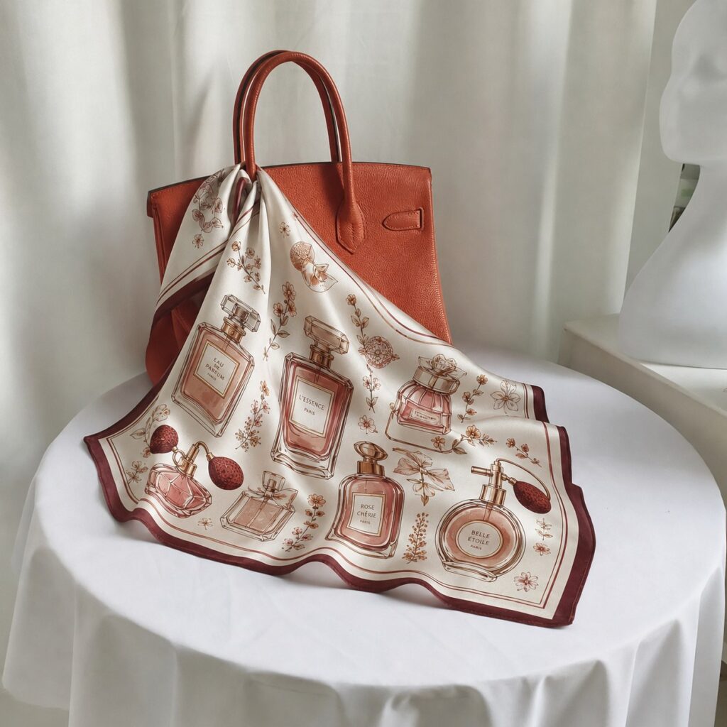 Ivory mulberry silk square scarf with burgundy border, featuring vintage perfume bottles, floral details, and fragrance-inspired motifs.