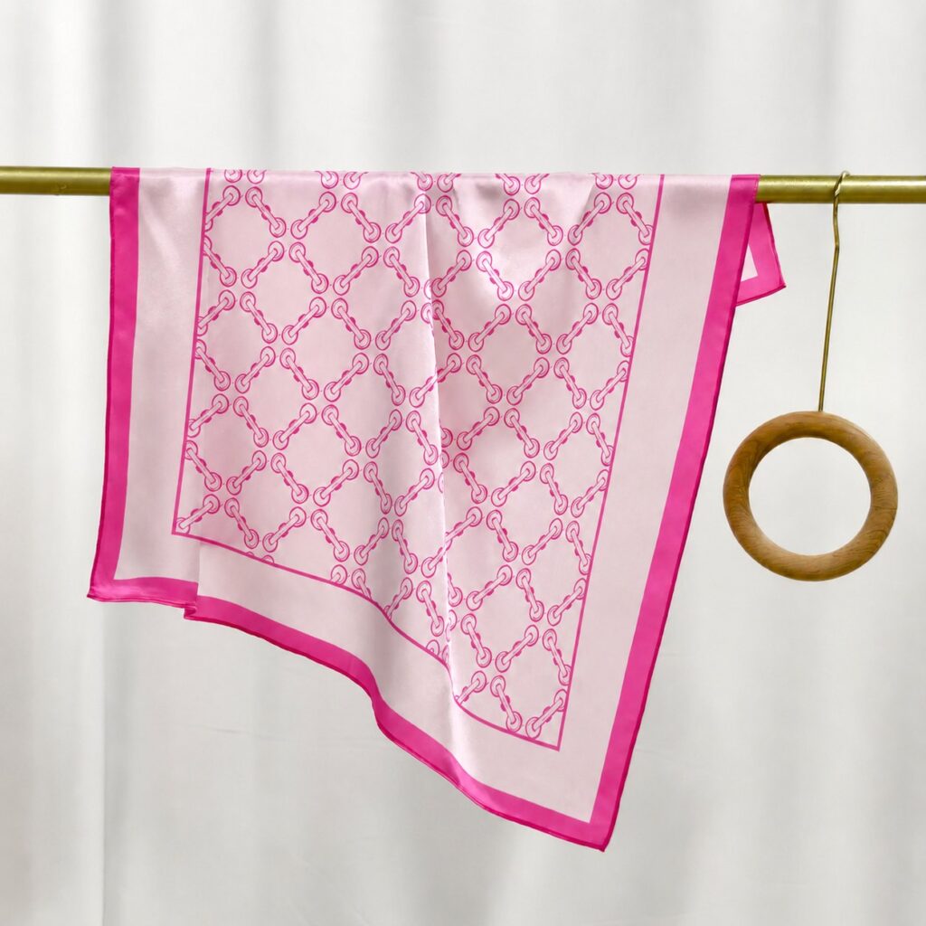 Pink chain-pattern mulberry silk square scarf with a bright pink border, displayed on a wooden ring.