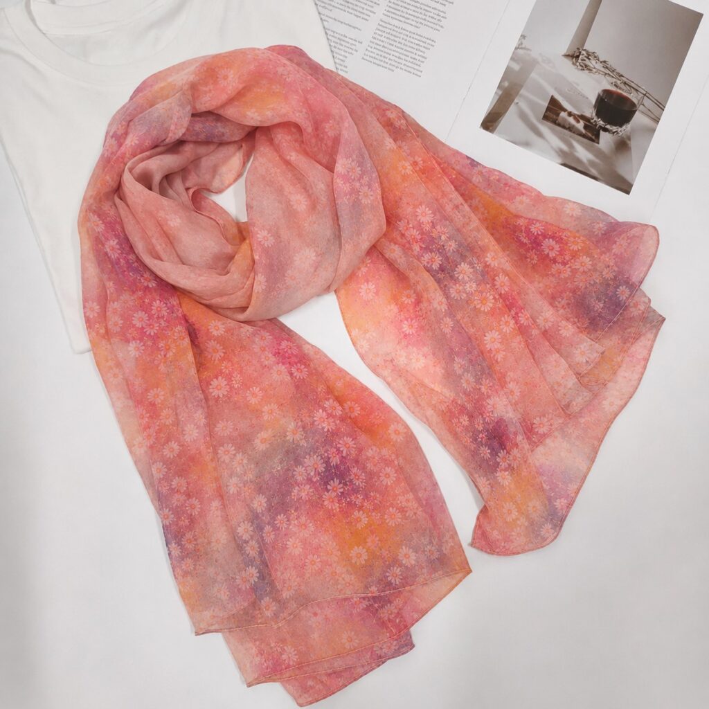 Pink orange gradient mulberry silk chiffon scarf with small daisy print, lightweight and sheer