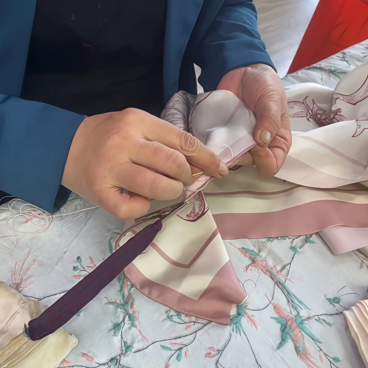 DOCSUN scarf hemming process for custom silk scarves