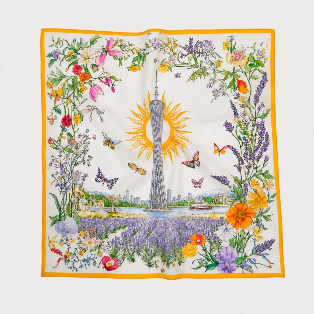 A silk square scarf displayed flat, featuring Guangzhou Tower in the center, flying seagulls, colorful flowers, a white base, and a yellow border.