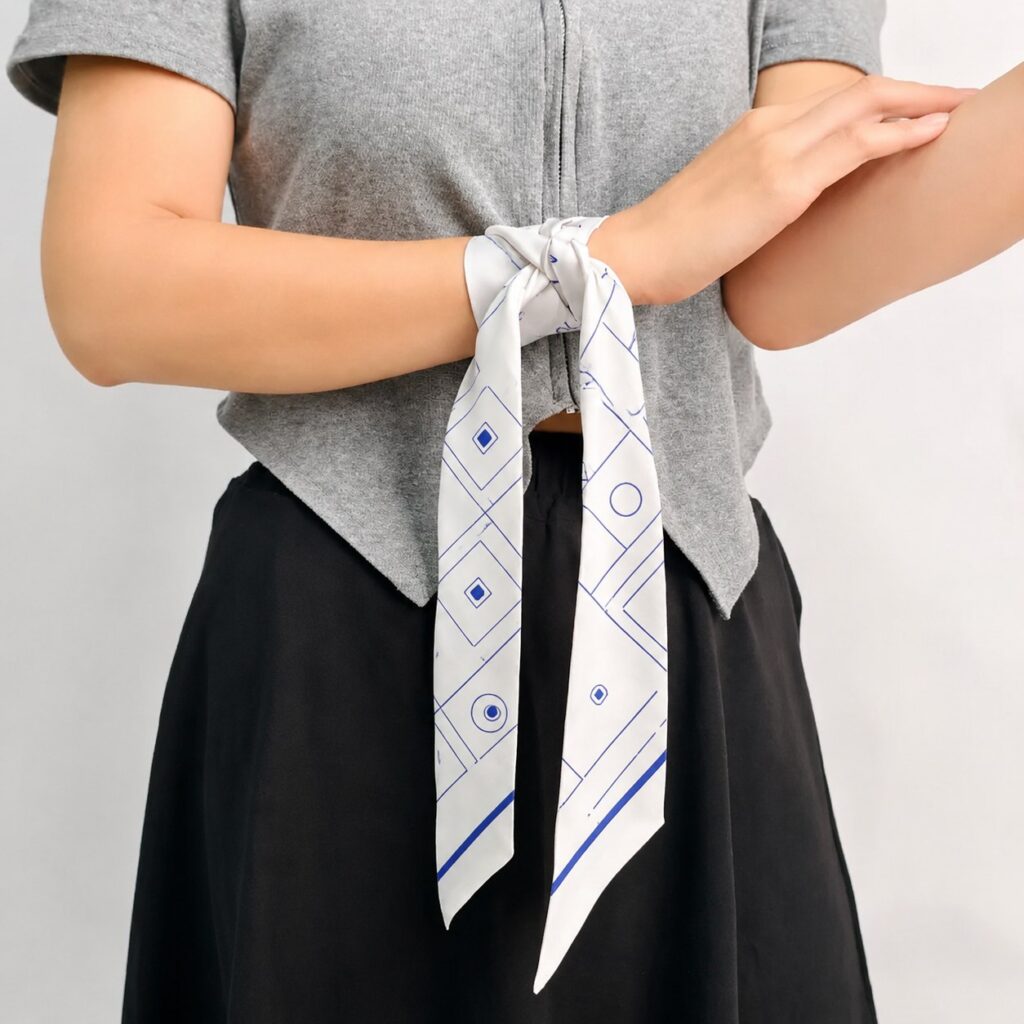 White mulberry silk twilly scarf with blue geometric pattern, styled as a wrist tie, neck scarf, bag accessory, and bow decoration