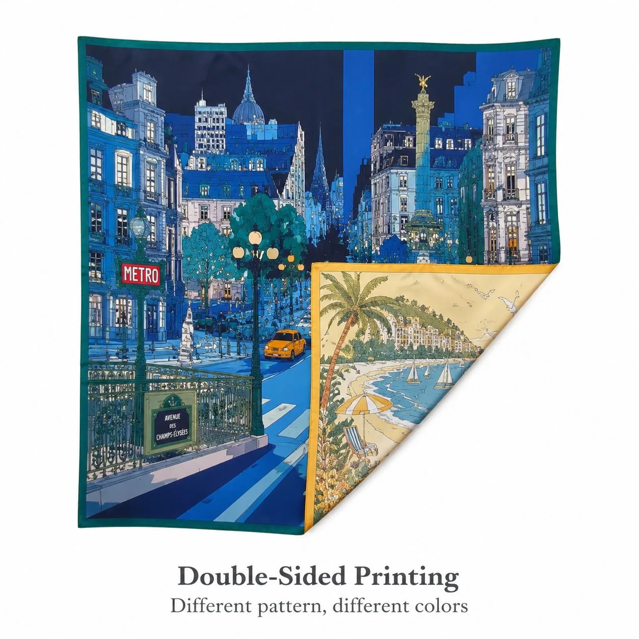 Double-sided printed silk scarf with different patterns and colors on the two faces