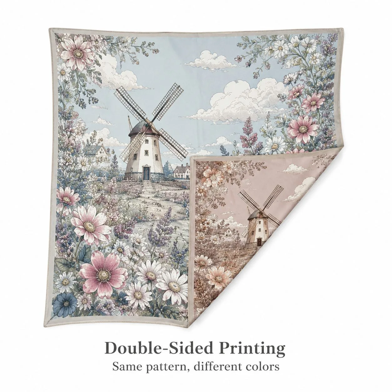 Double-sided printed silk scarf with the same pattern in different colors on each face