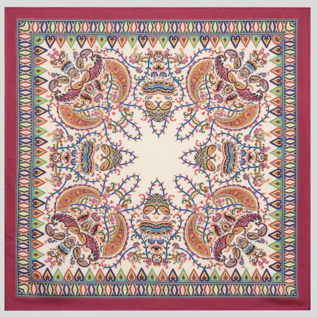 Custom silk scarf layout with paisley and floral inspired pattern elements