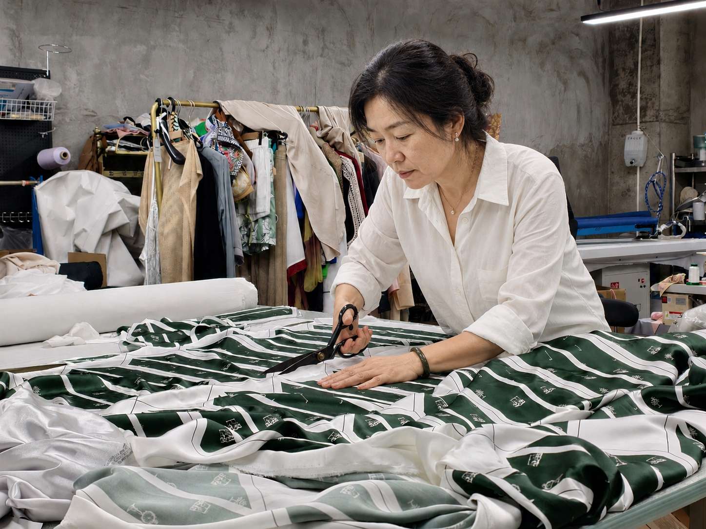 Fabric cutting process for custom silk scrunchies bulk production
