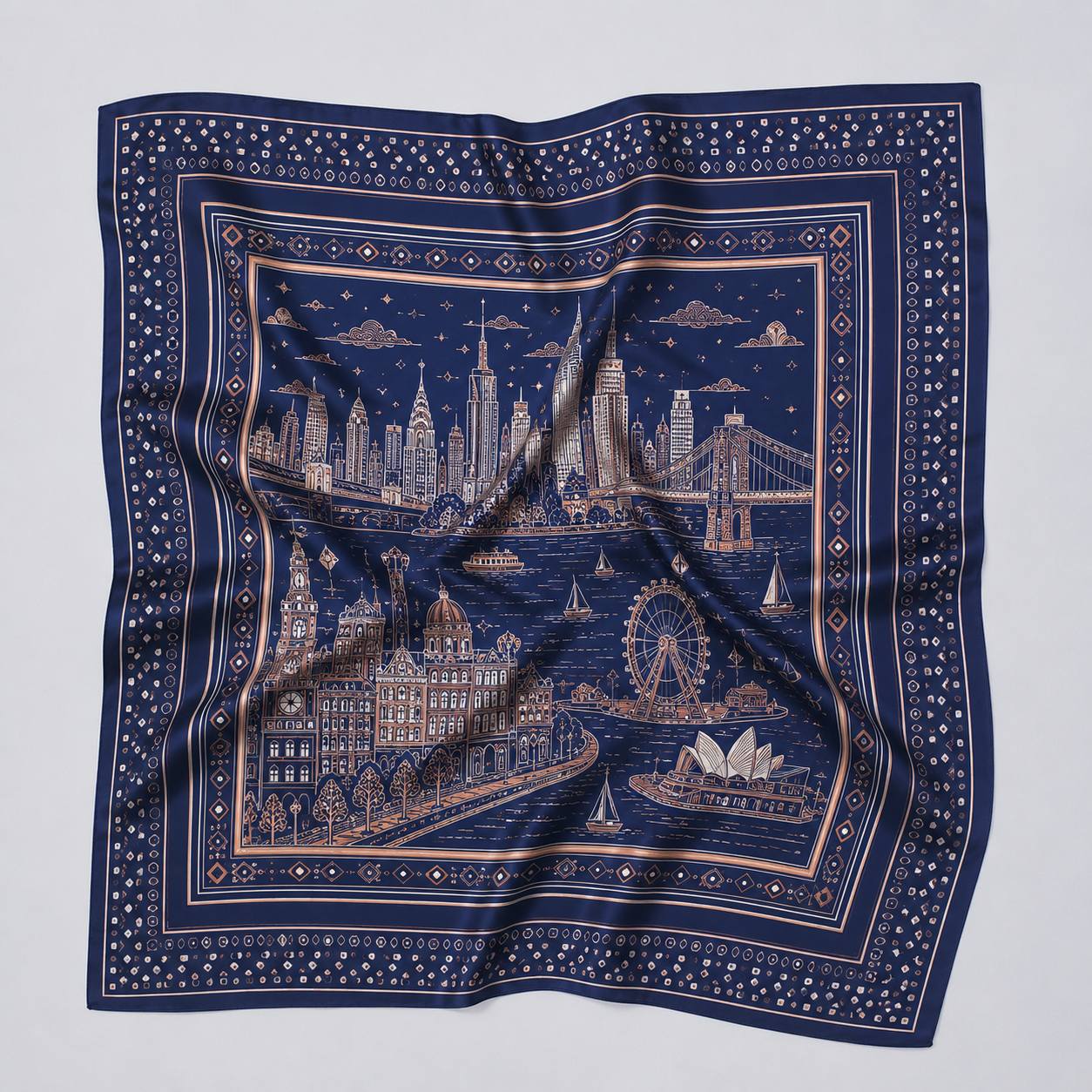 Silk scarf featuring a city skyline print for custom women's fashion accessories