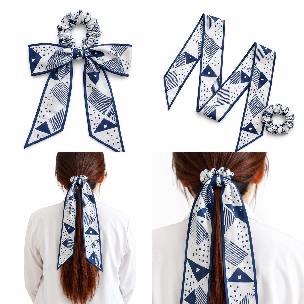 Geometric patterned hair ties and headbands for matching printed accessory sets