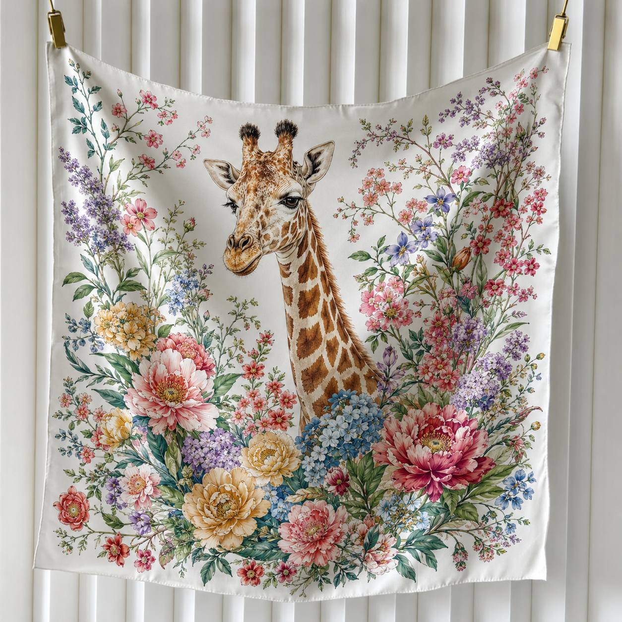 Giraffe motif silk scarf surrounded by colorful flowers