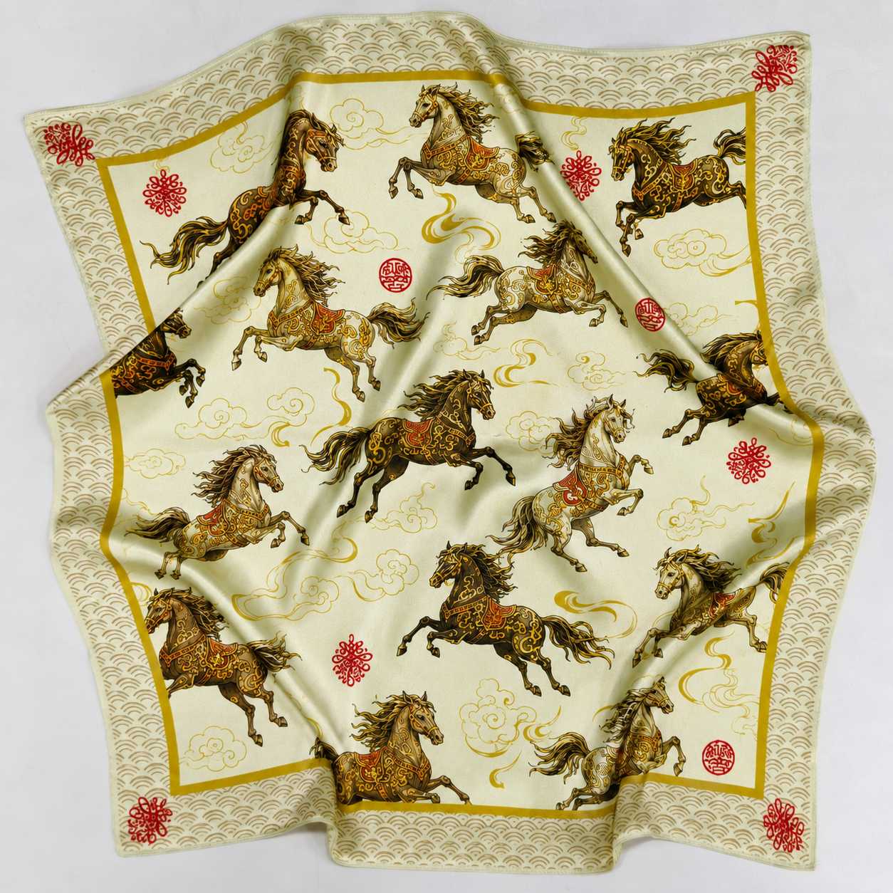 Gold silk square scarf featuring galloping horses and cultural motifs