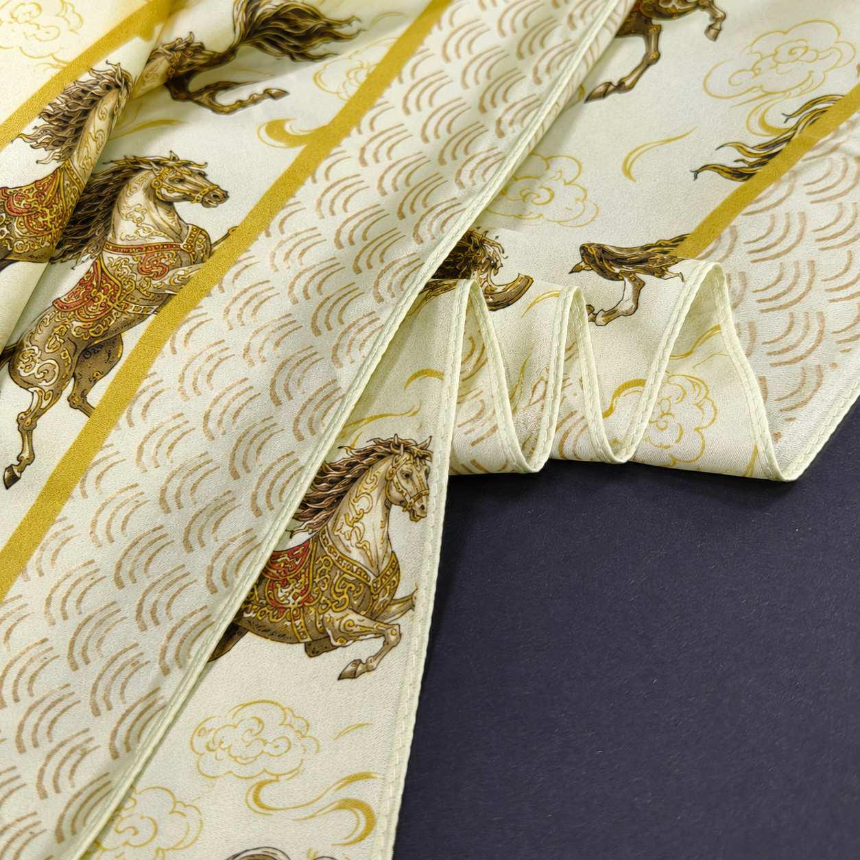 Gold silk square scarf with galloping horse design and premium border