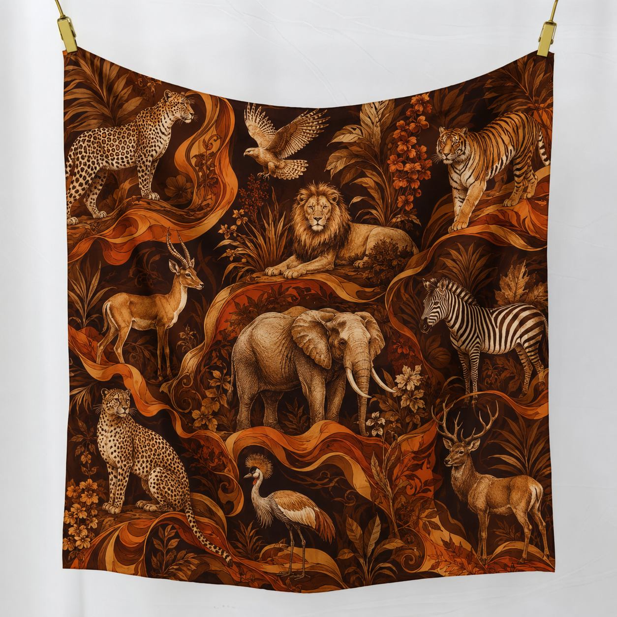 Hanging silk scarf in deep brown and orange tone for digital color matching