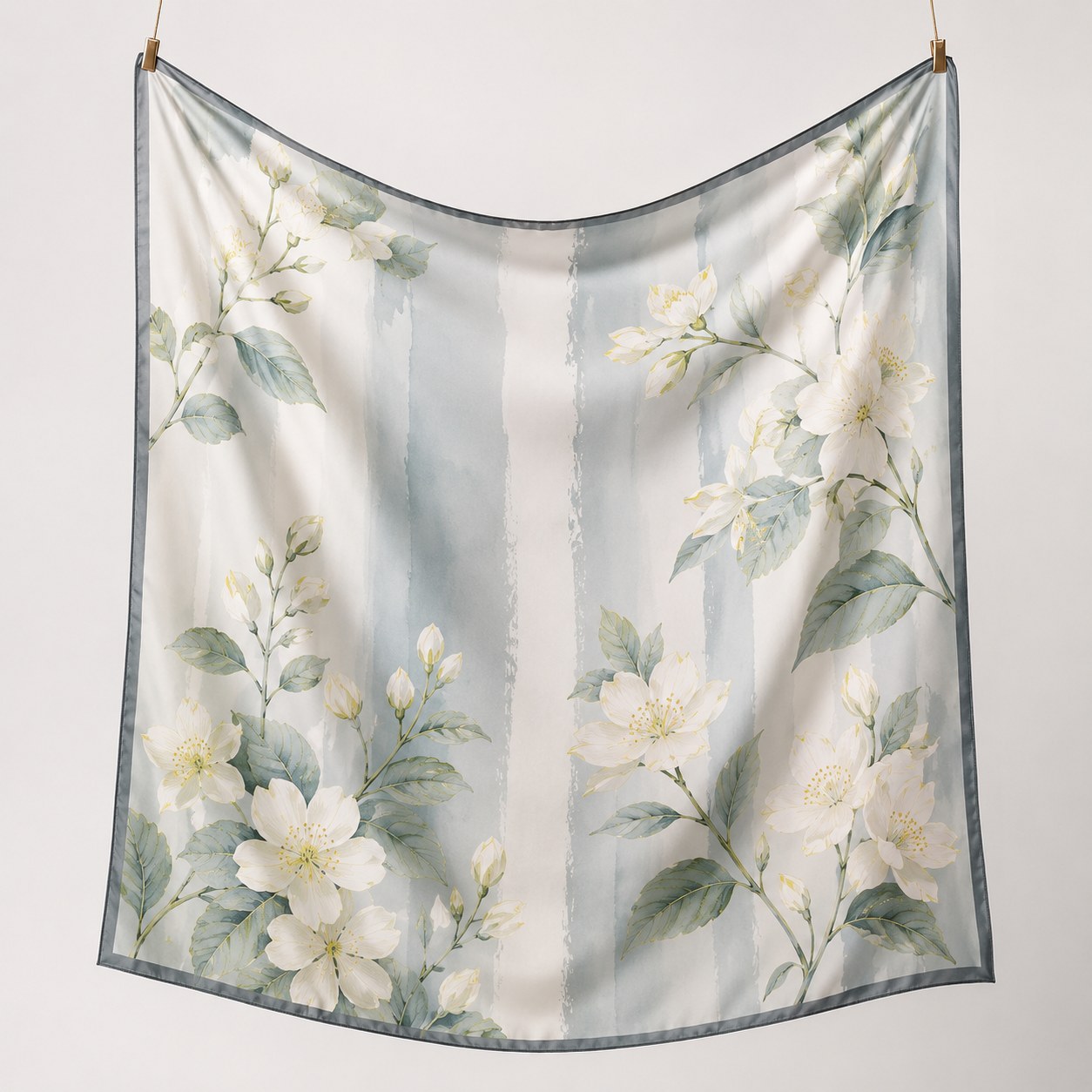 Hanging silk scarf in soft light blue gray tone for print and drape evaluation