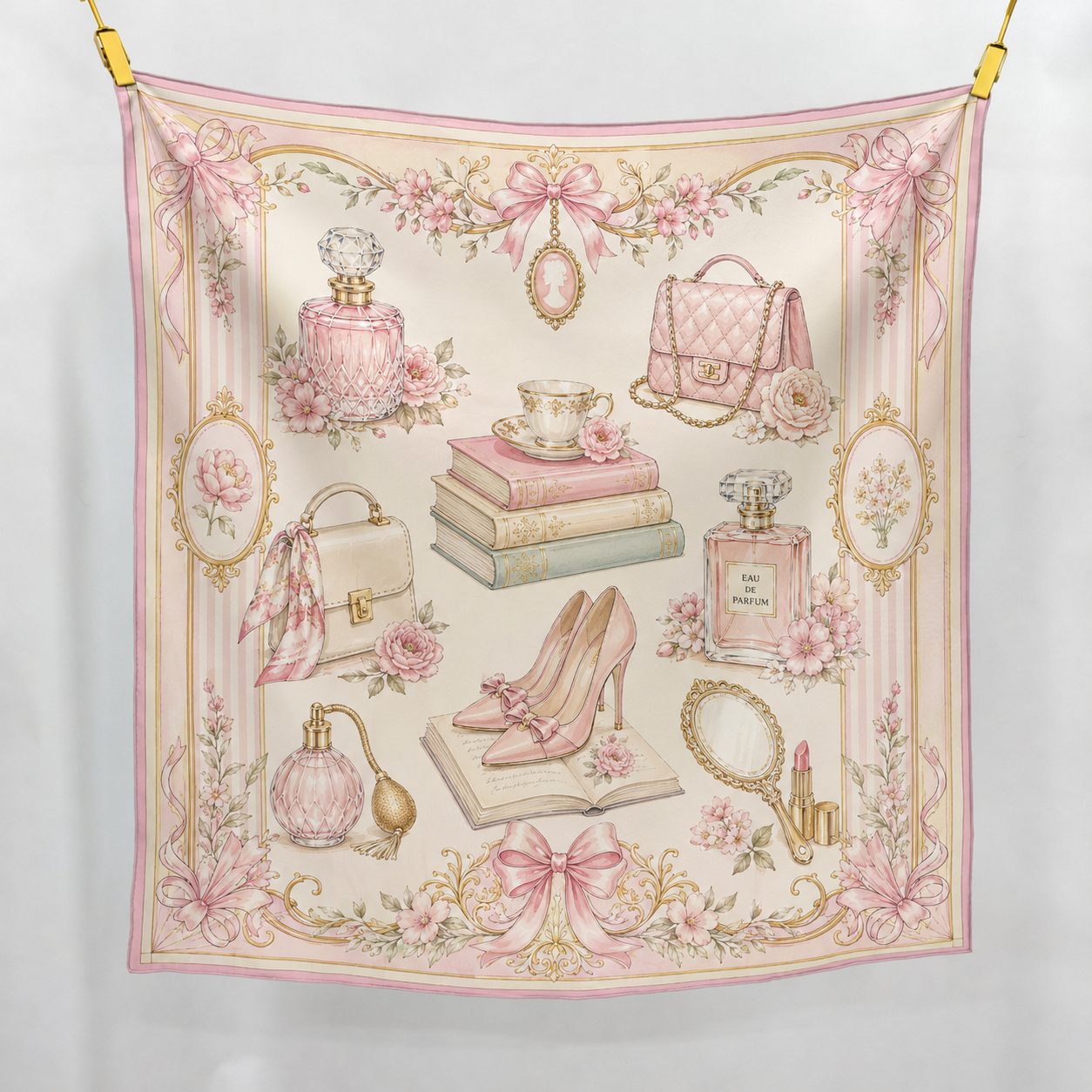 Ivory mulberry silk scarf featuring perfume bottles for custom digital print planning