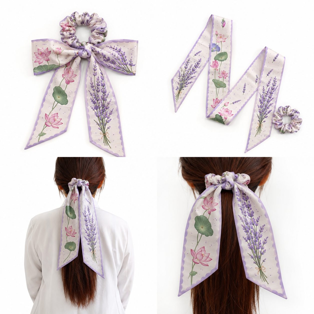 Lavender patterned ribbon scrunchie set with matching custom hair accessories