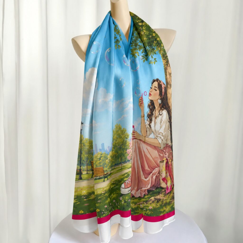 Park bubble print mulberry silk long scarf draped on a mannequin, featuring a woman blowing bubbles under a tree