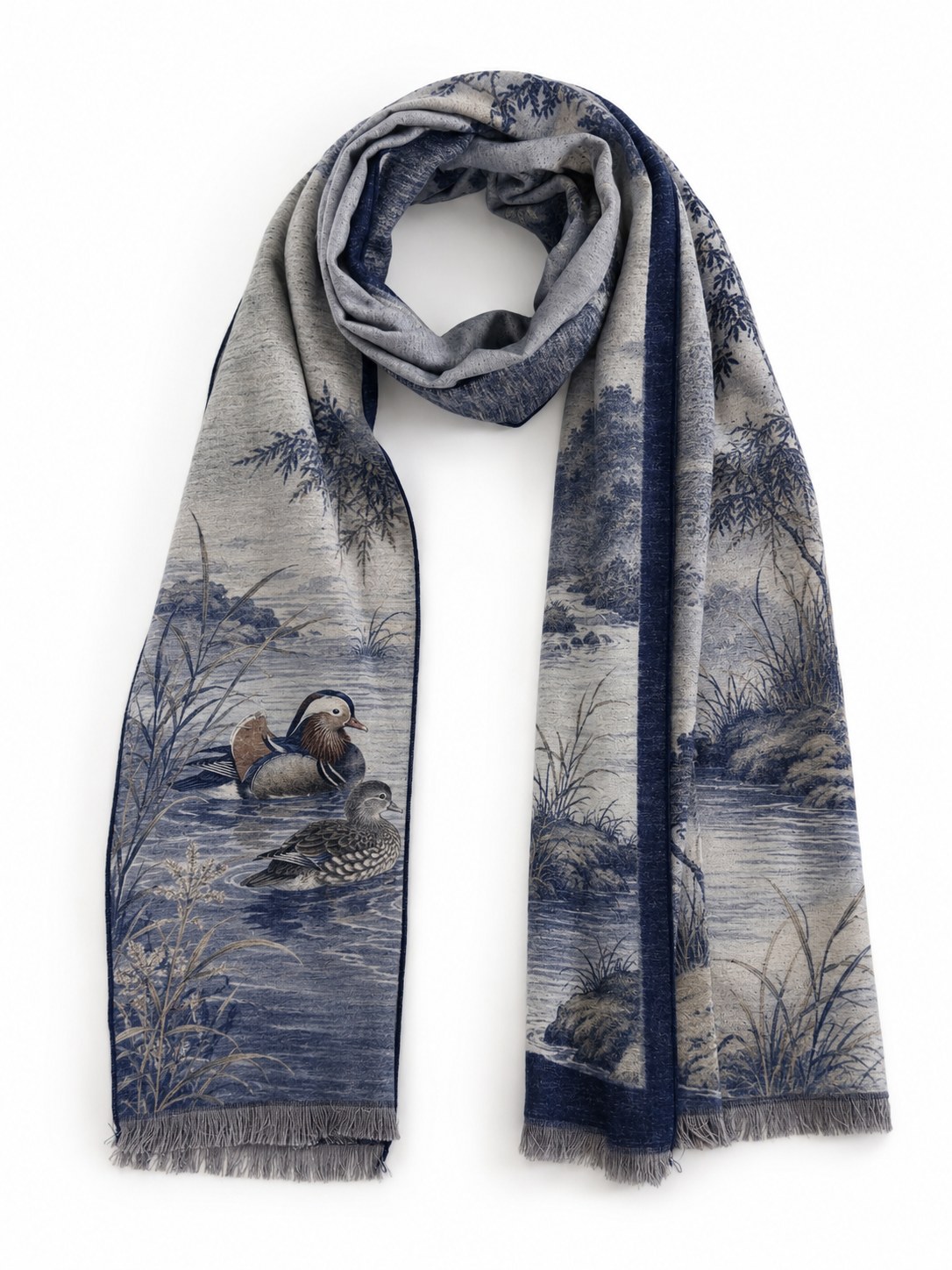 Long scarf featuring mandarin ducks for elegant seasonal scarf styling