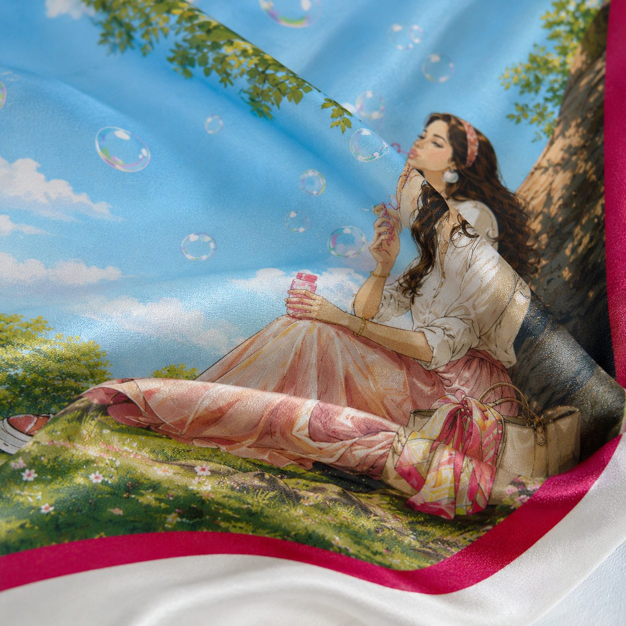 Printed details on custom long silk scarf