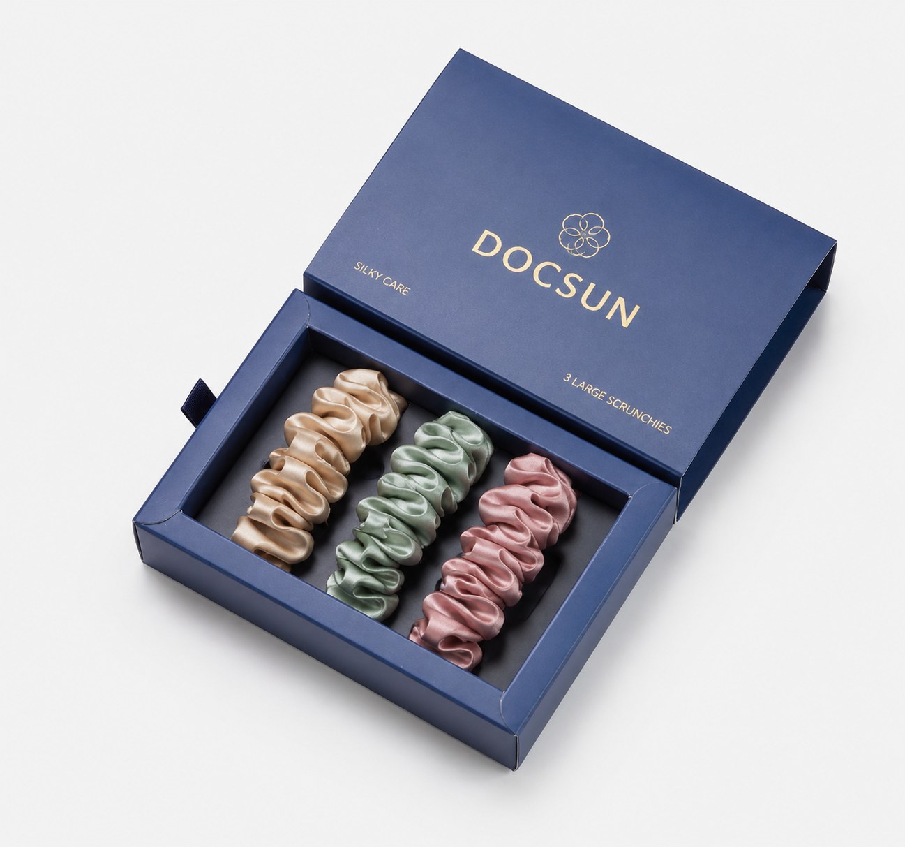 Luxury blue gift box with three mulberry silk scrunchies