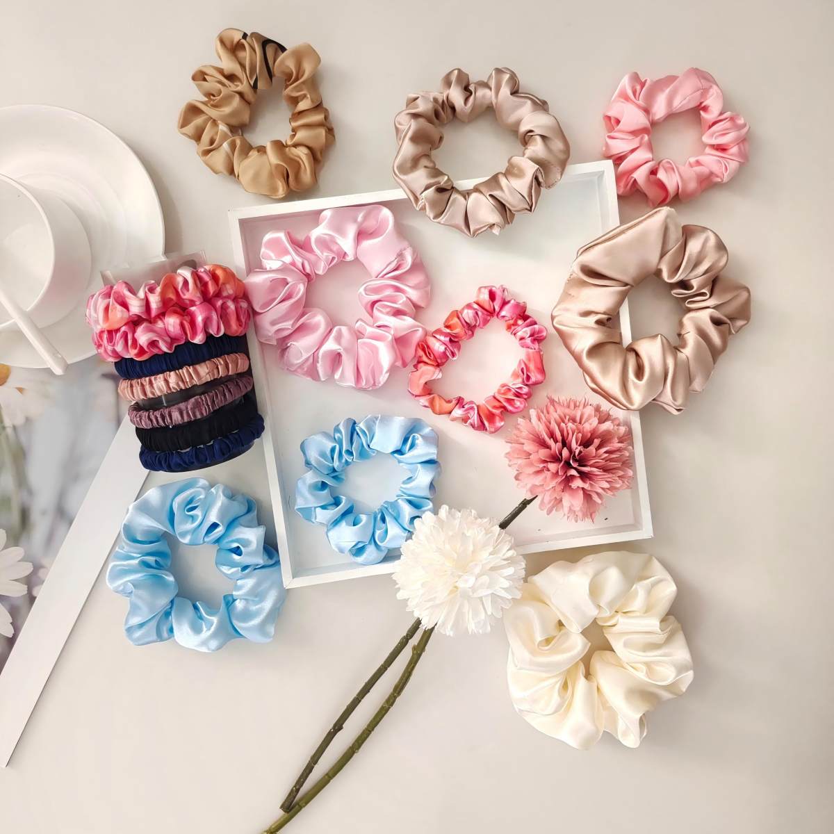Many sizes of silk hair scrunchies for custom collection development