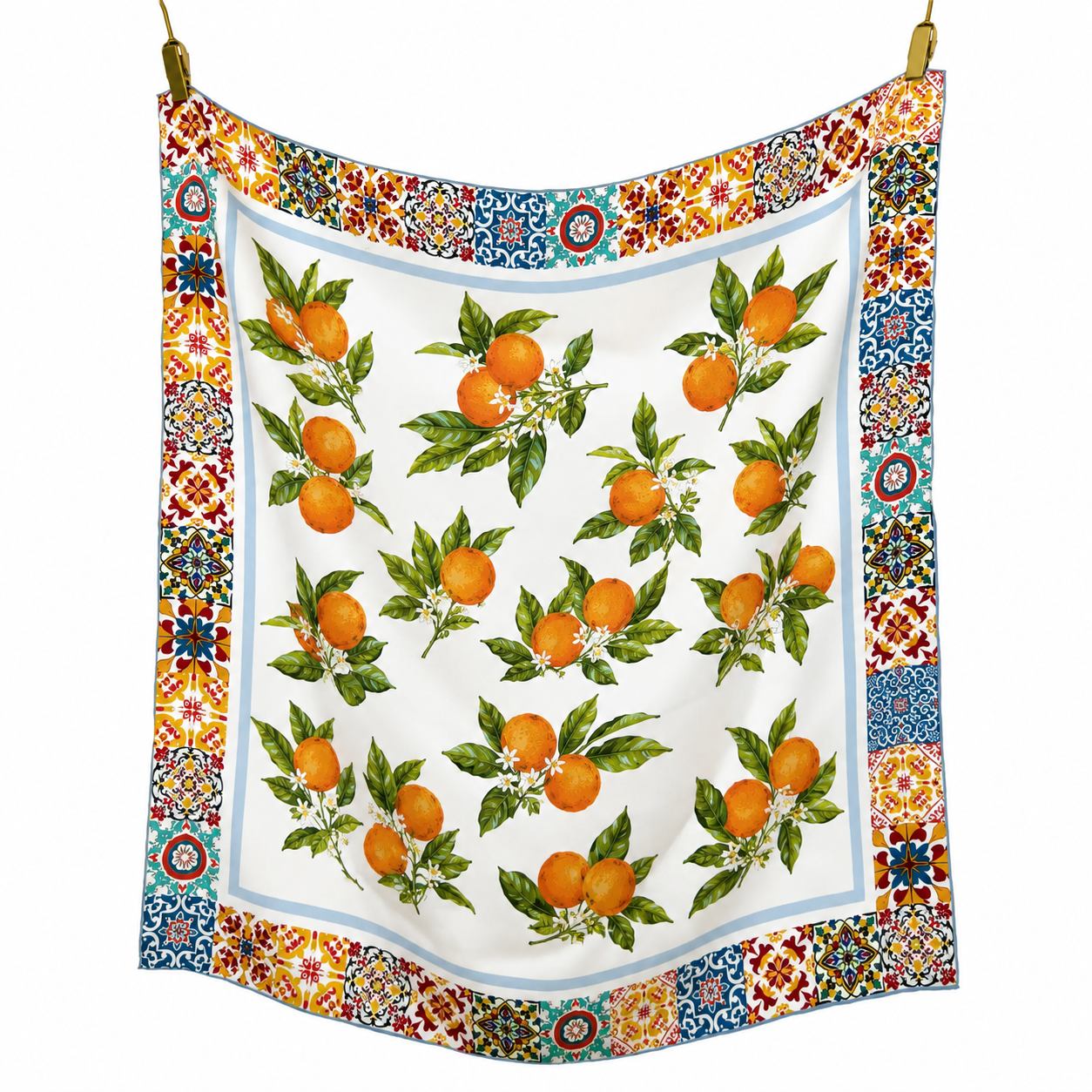 Mulberry silk scarf featuring orange fruit print and smooth fabric surface