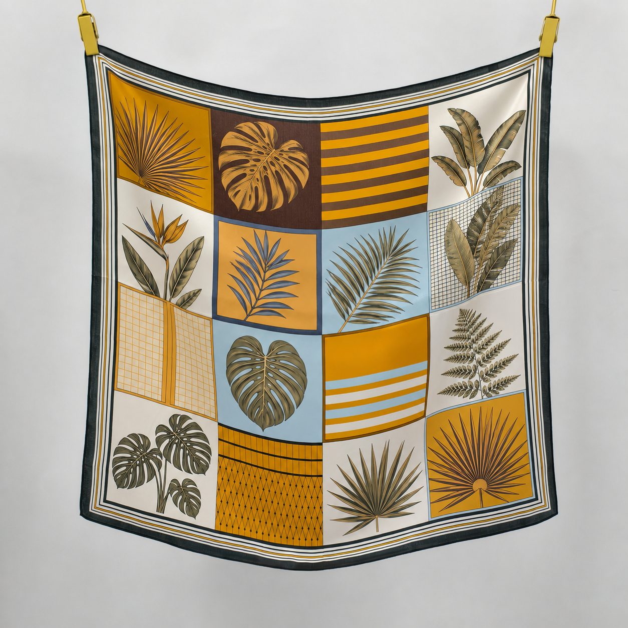 Mulberry silk scarf with dark border showing border-led custom print layout