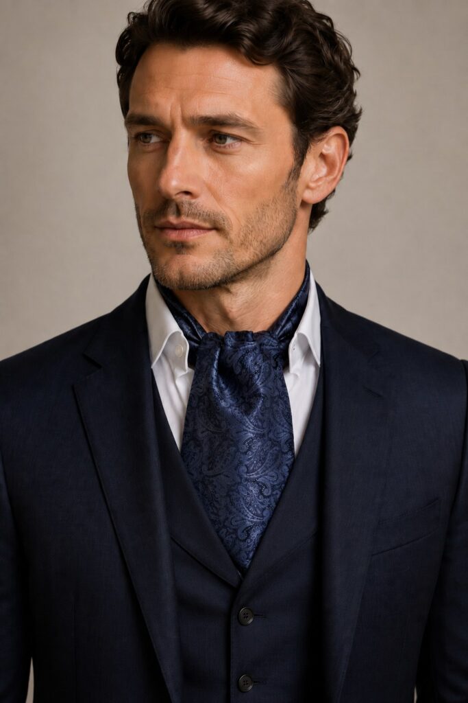 A Western male model wearing a dark navy suit with a navy paisley silk cravat, showcasing an elegant formal menswear accessory style.