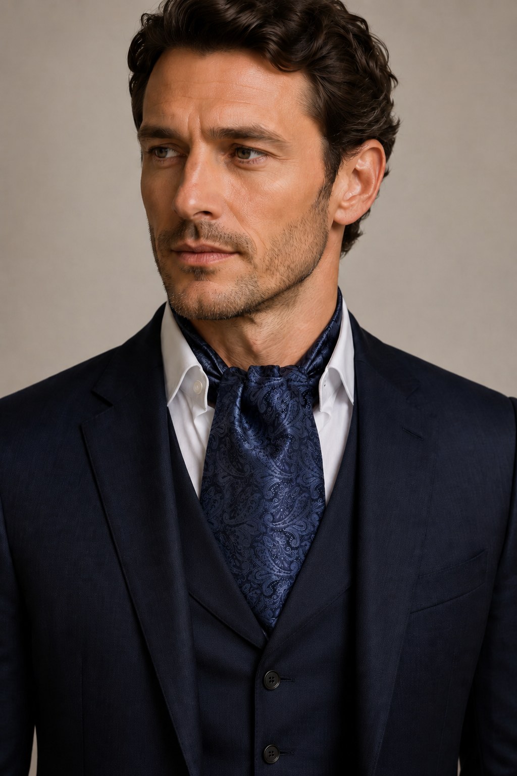 Navy paisley silk cravat and bow tie fabric reference for custom menswear accessories