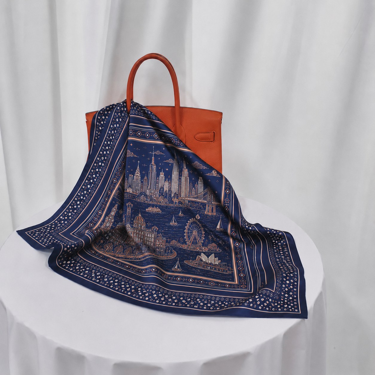 Navy silk scarf with cityscape print displayed for private label accessory buyers