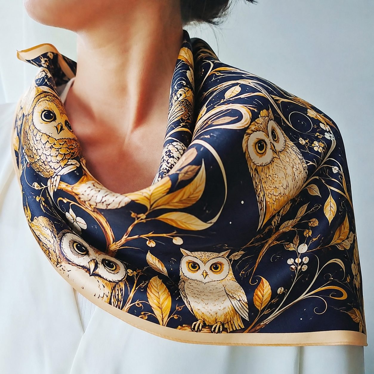 Navy silk scarf with golden cartoon owls for personalized scarf gift design