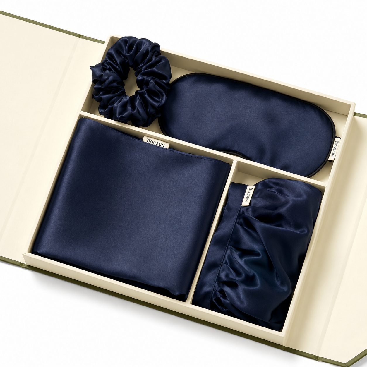 Navy silk sleep gift set with pillowcase bonnet scrunchie and eye mask