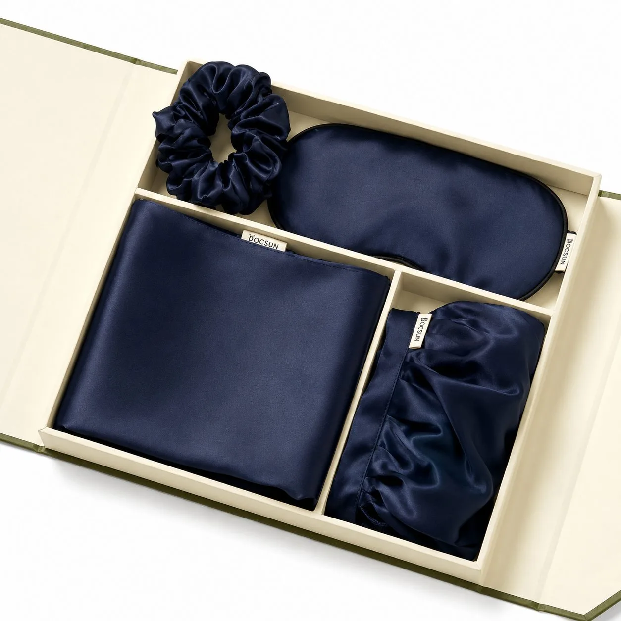 Navy silk sleep gift set with pillowcase bonnet scrunchie and eye mask