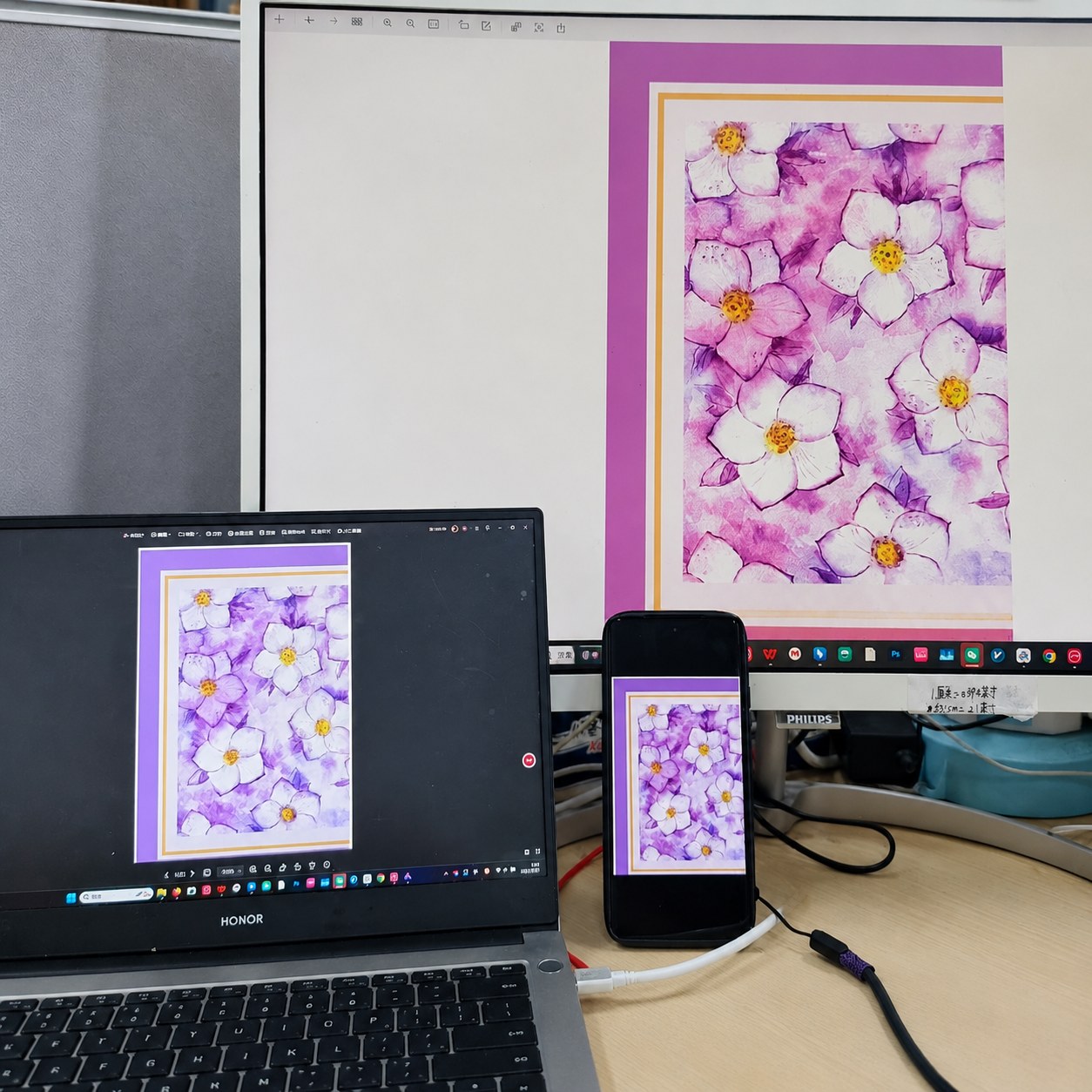 Custom silk scarf print artwork displayed on a computer for production review