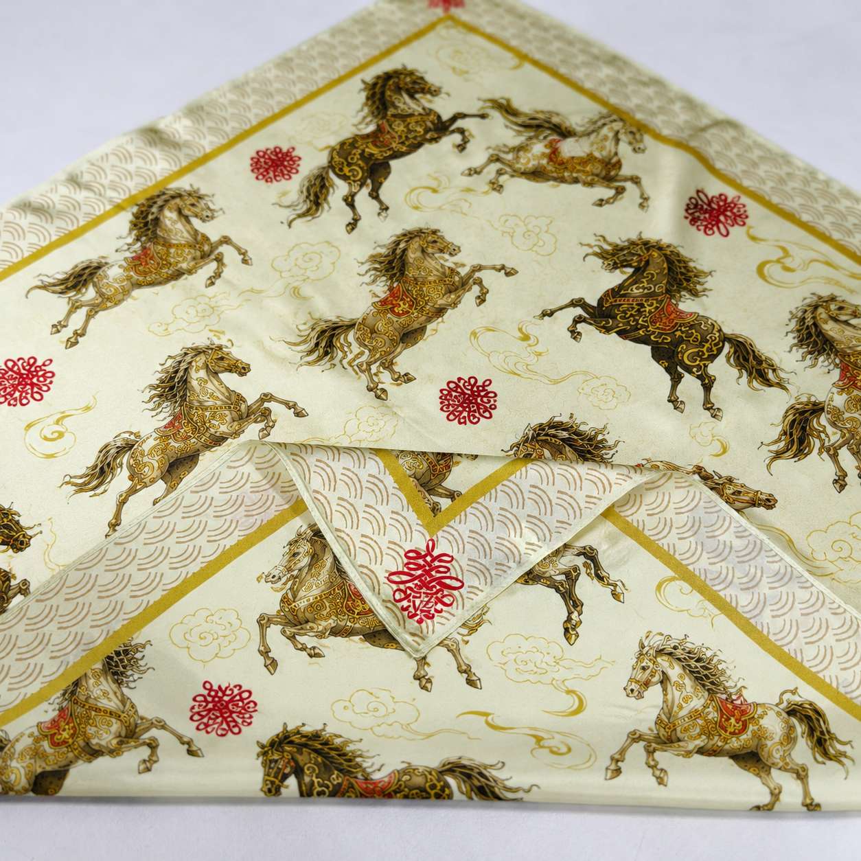 Print precision on custom cultural pattern silk scarf
