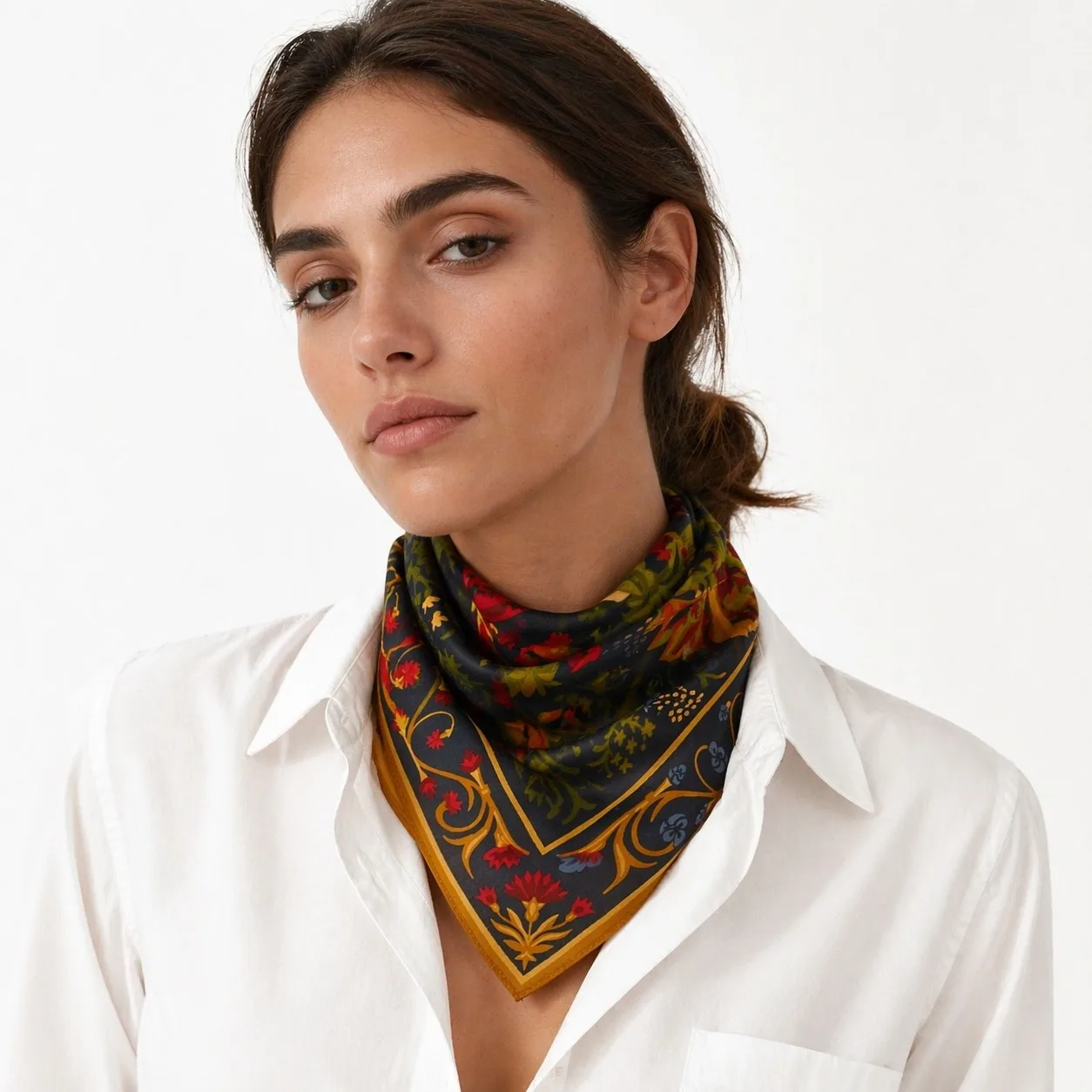 Printed bandana styled as a neck scarf
