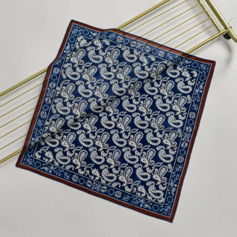 Blue paisley printed mulberry silk scarf with decorative border