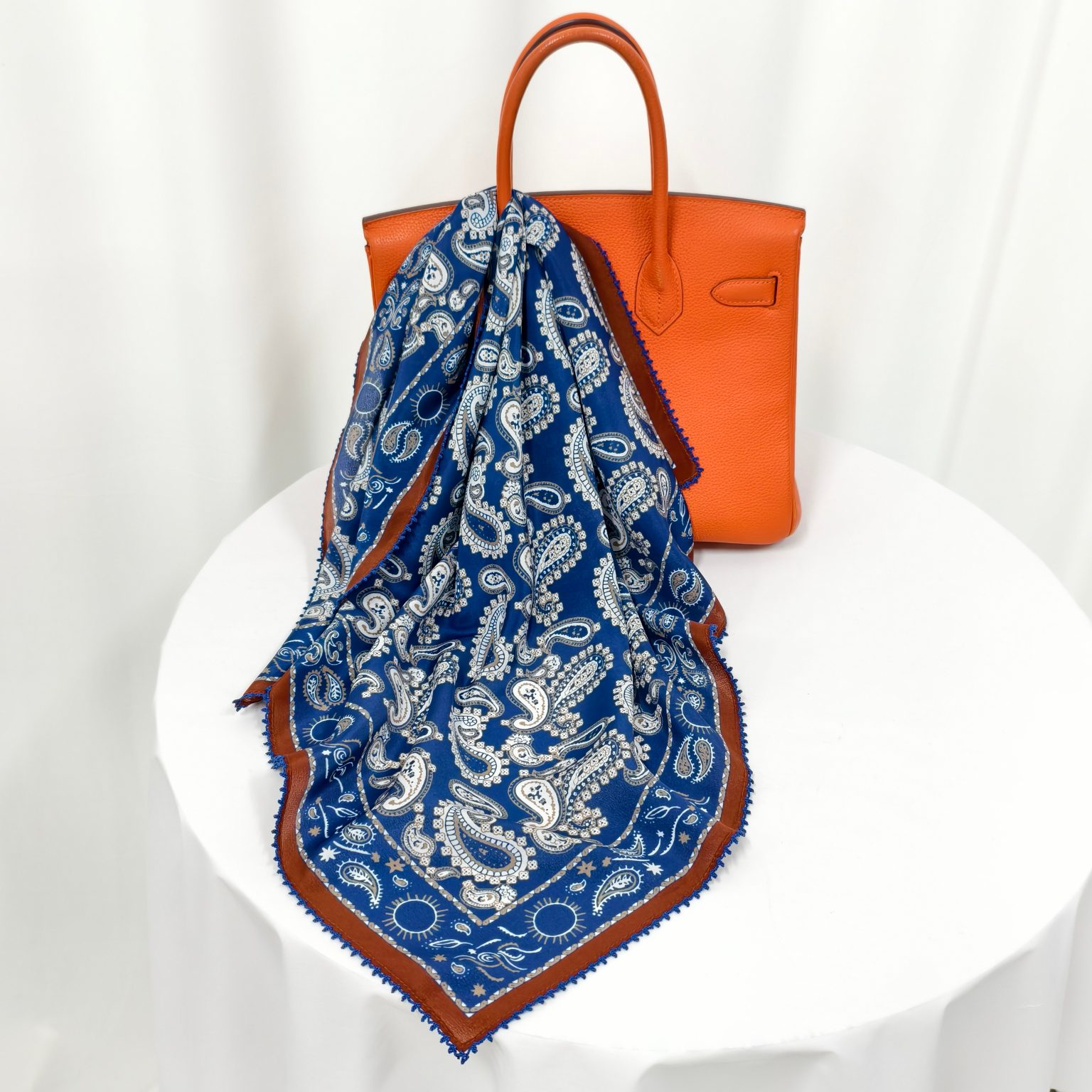 Custom printed mulberry silk scarf with paisley artwork and lace trim edge