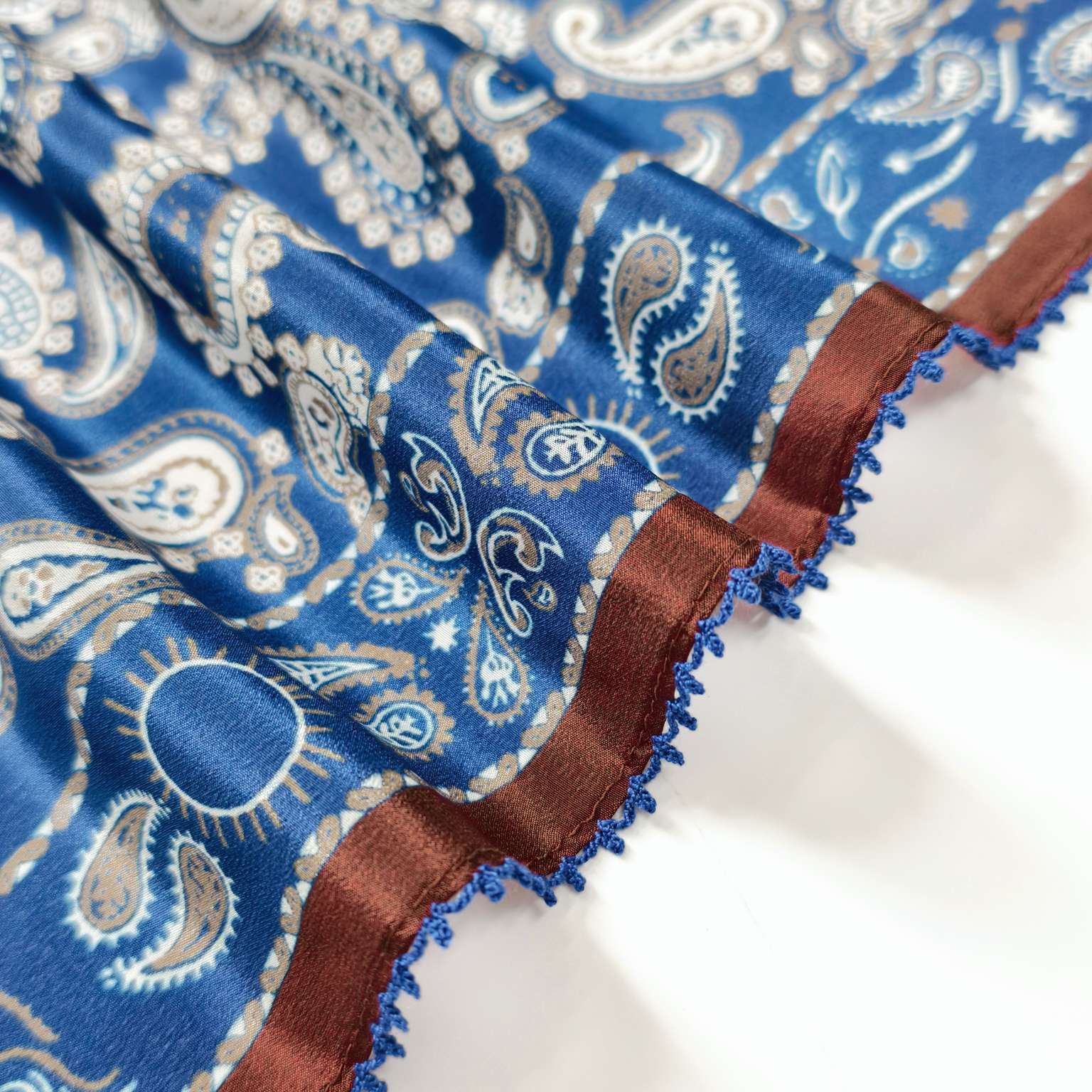 Paisley print detail and lace trim edge on mulberry silk scarf