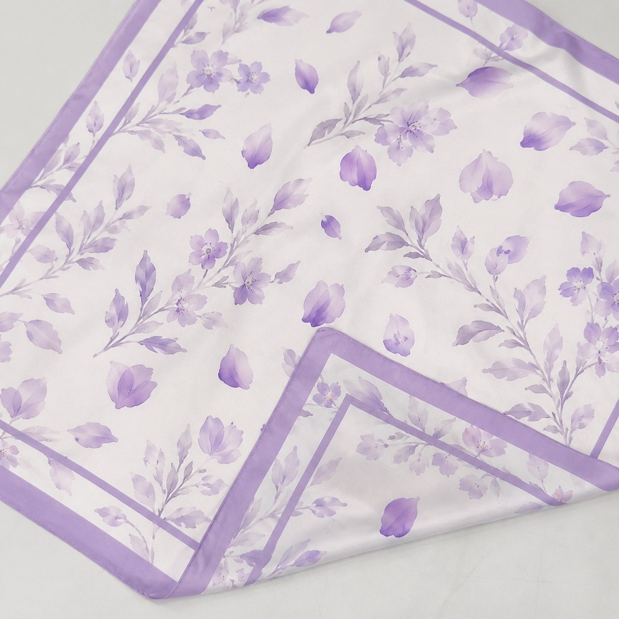 Purple petal and leaf mulberry silk scarf with soft border design