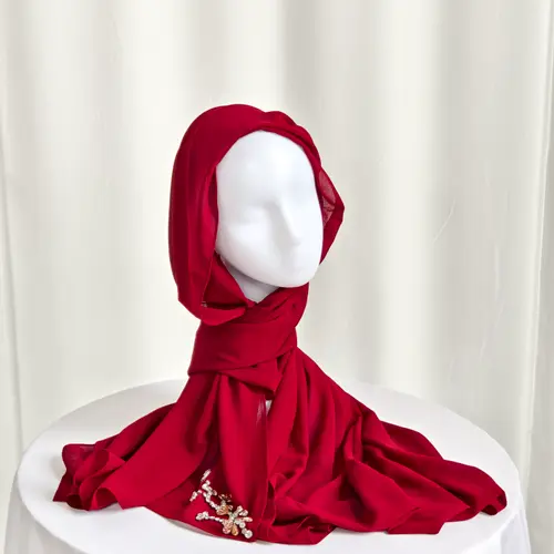 Red chiffon scarf with rhinestone embellishment for women