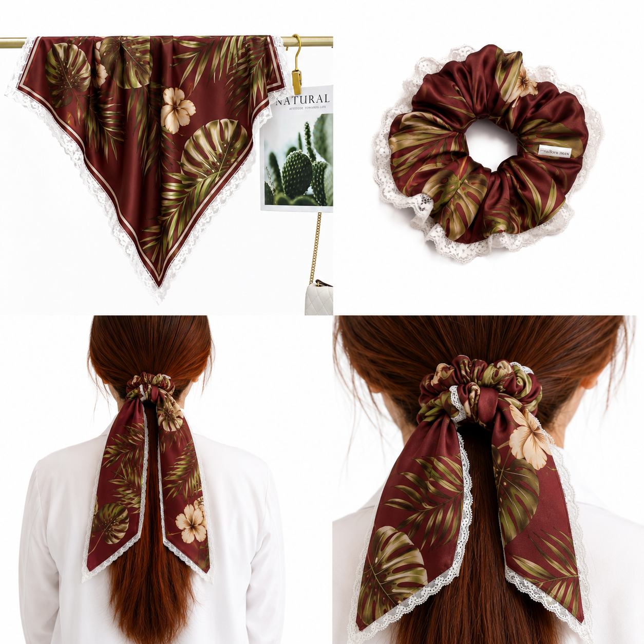 Red lace trim scrunchie set for decorative private label hair accessory collections