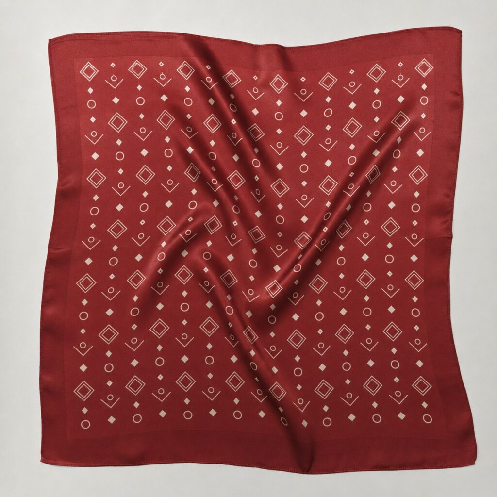 Red silk square scarf with white geometric diamond and circle print.