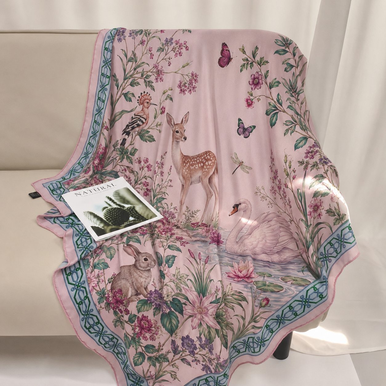 Pink animal world theme silk wool blend scarf for custom 132cm square scarf development