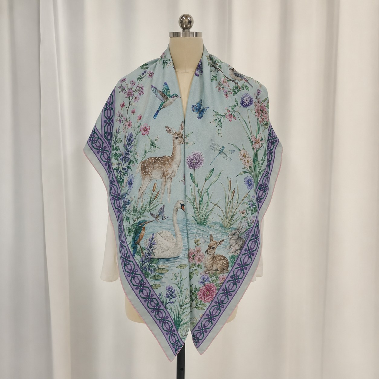 Animal world theme scarf with deer print for custom silk wool blend scarf design