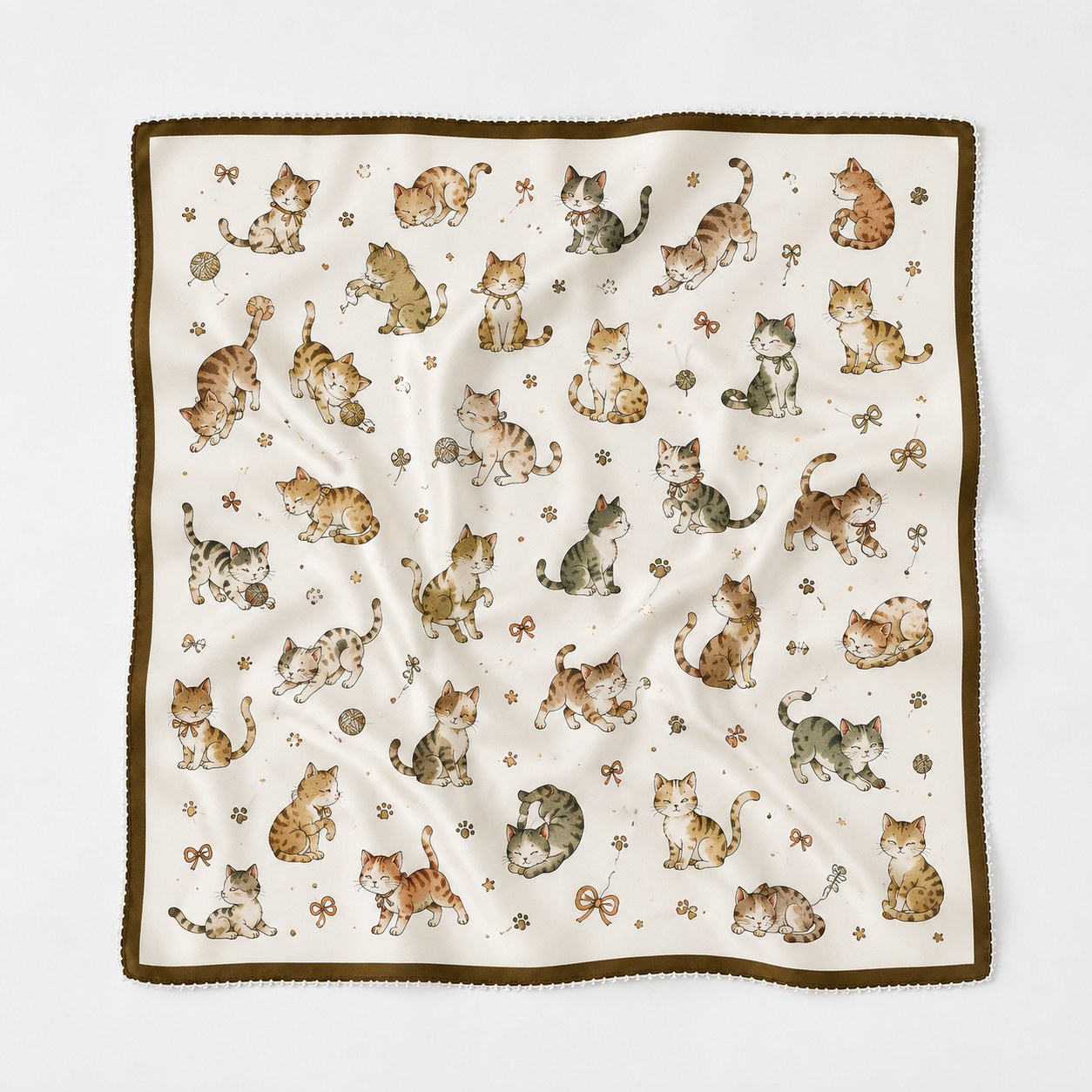 Soft cartoon kitten pattern on ivory mulberry silk scarf