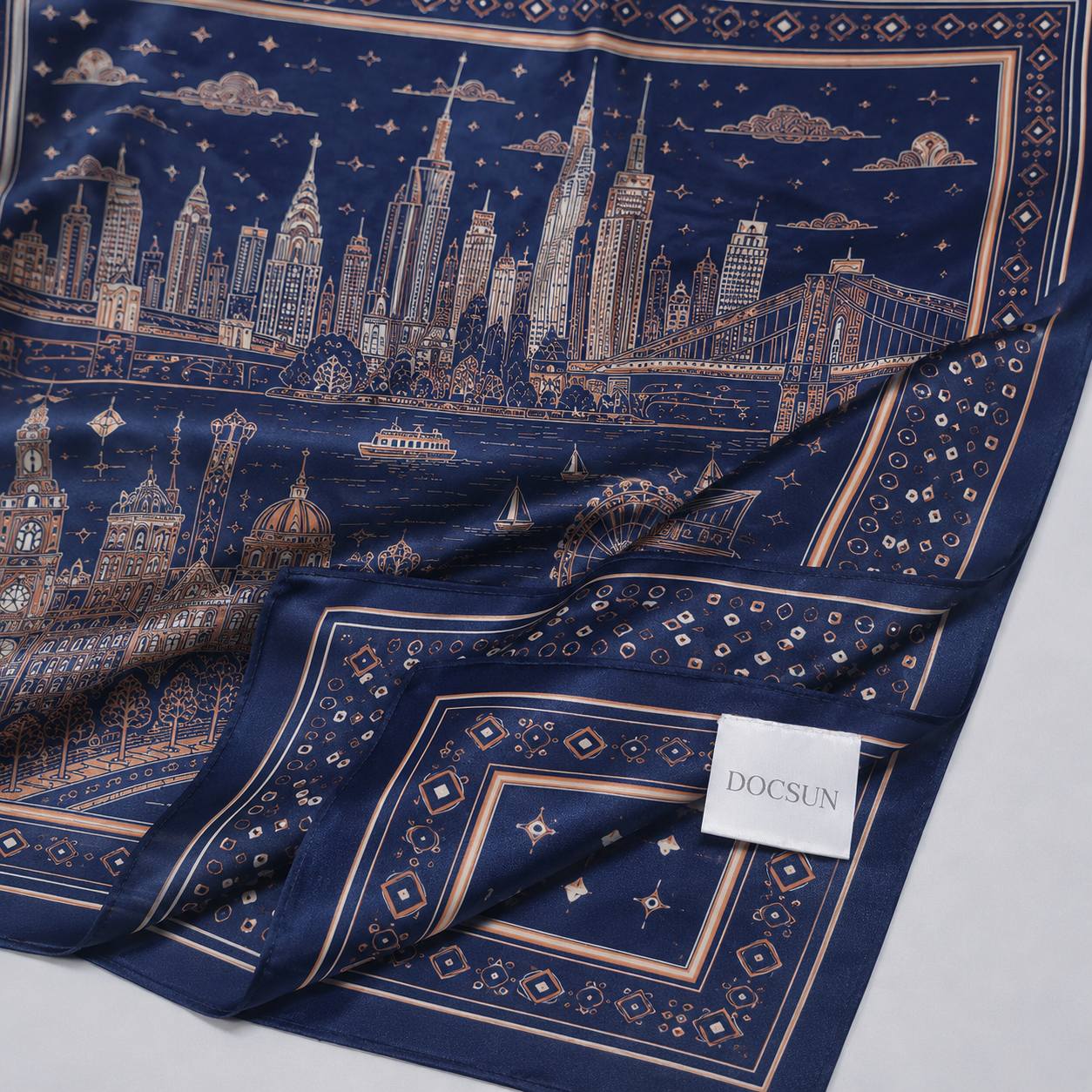 Full cityscape design of silk scarf for retail and wholesale accessory planning