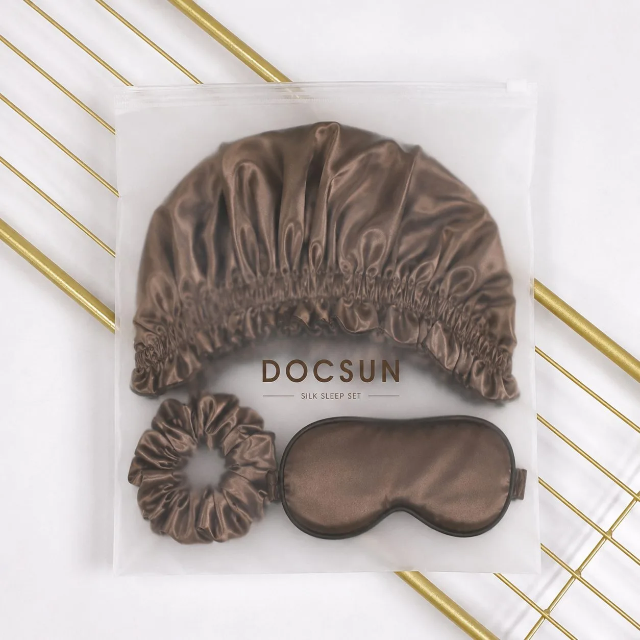 Coordinated silk bonnet scrunchie and eye mask gift set