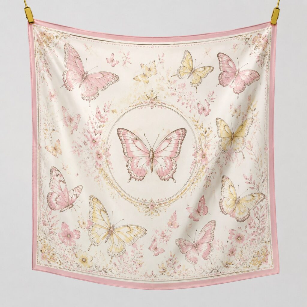 A mulberry silk scarf with a pink border, featuring pink and yellow butterflies, flowers, and delicate botanical decorations.