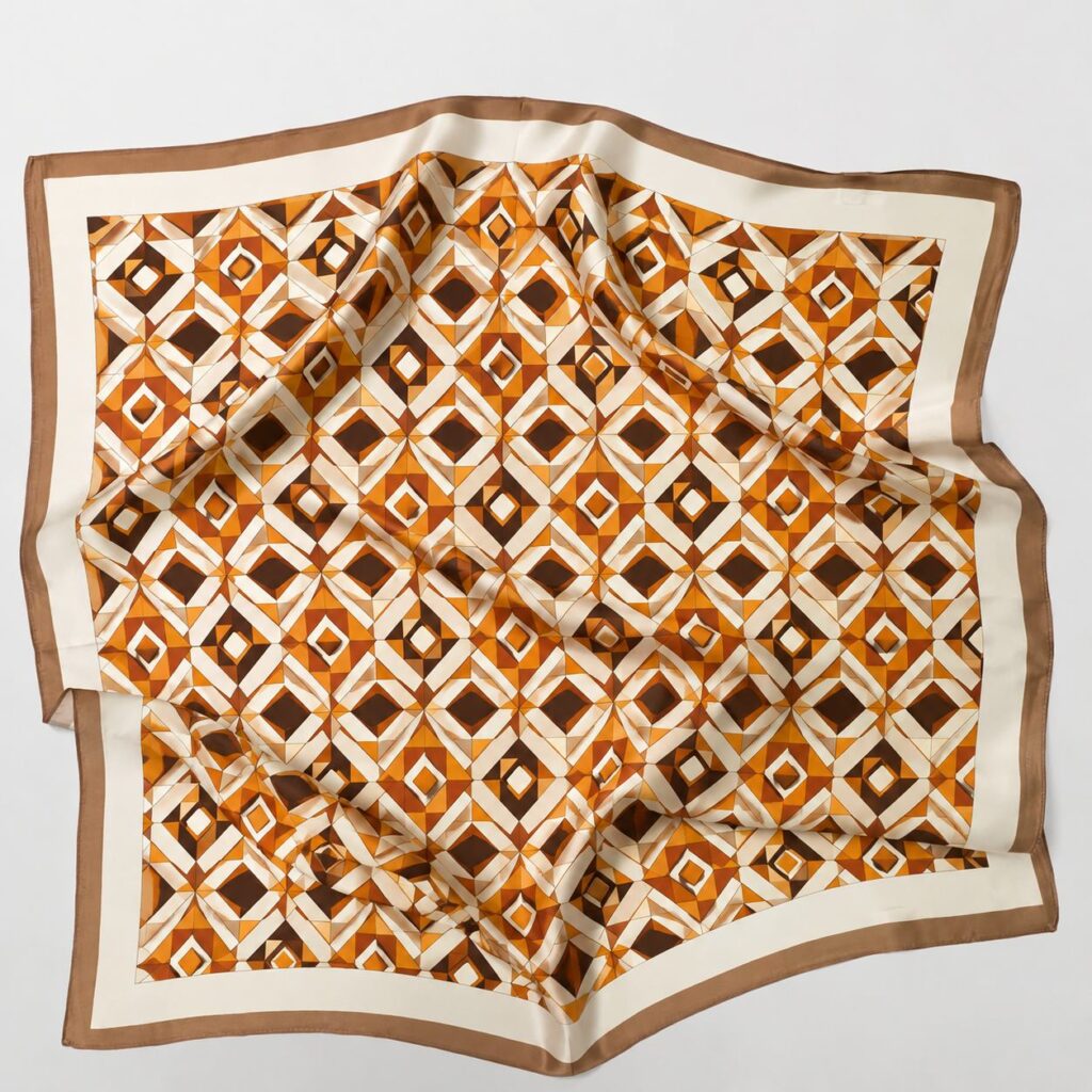 A silk scarf displayed flat with ivory and light brown borders, featuring a repeating geometric pattern in orange, brown, and beige tones.